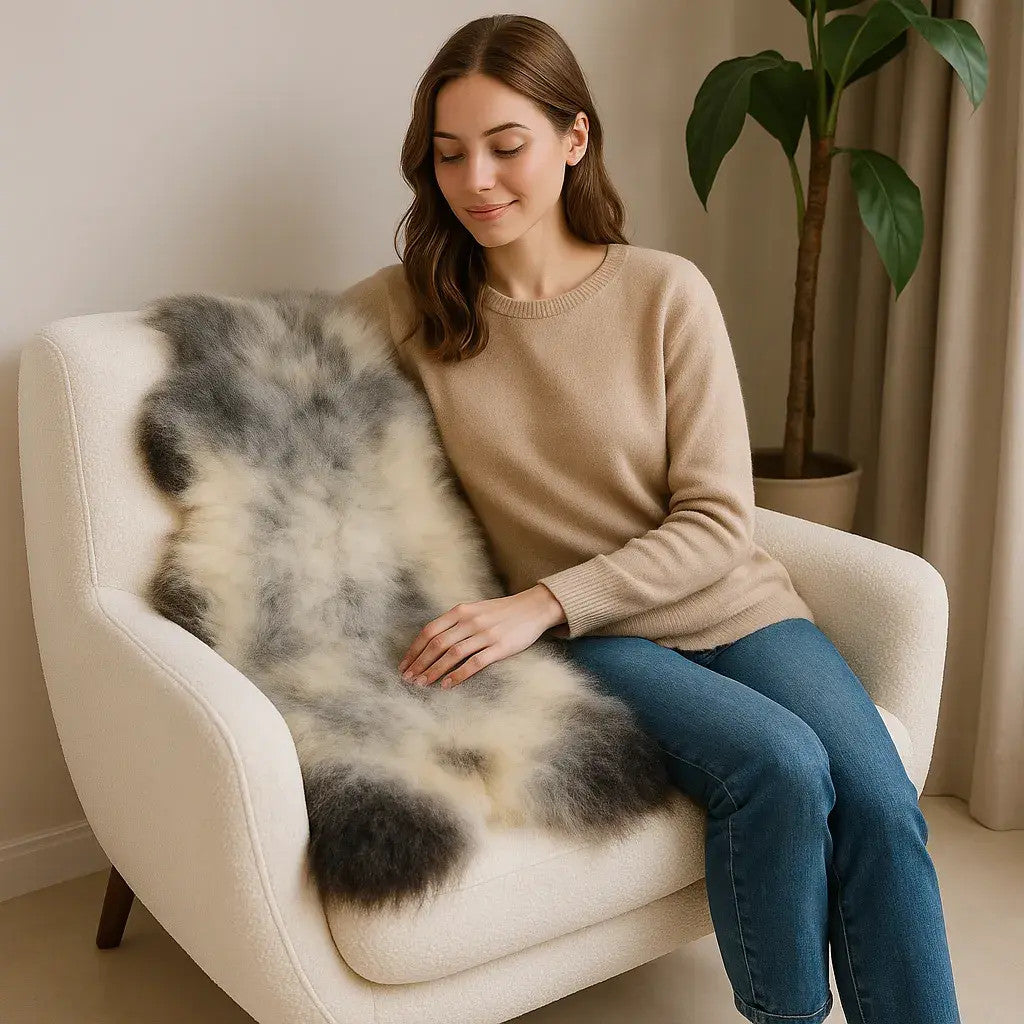 Norwegian Viking Heritage Sheepskin Throw | Frosted Beige & Gray Long Wool – 4' x 2.5' Feet