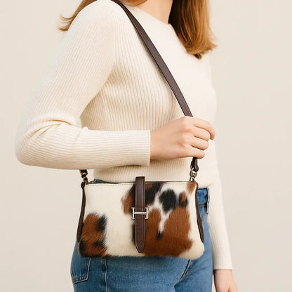 Cowhide Hair-On Crossbody Bag | Brown Leather Trim & Gold Buckle Closure – 9 x 6 x 1 Inches