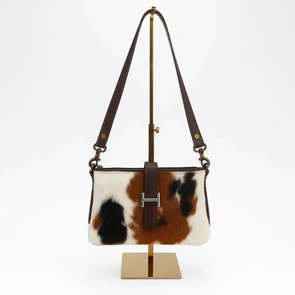 Cowhide Hair-On Crossbody Bag | Brown Leather Trim & Gold Buckle Closure – 9 x 6 x 1 Inches