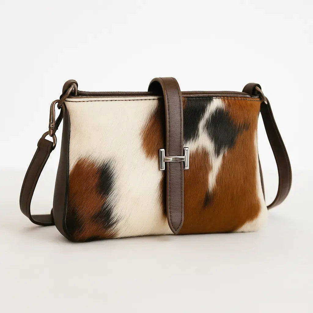 Cowhide Hair-On Crossbody Bag | Brown Leather Trim & Gold Buckle Closure – 9 x 6 x 1 Inches