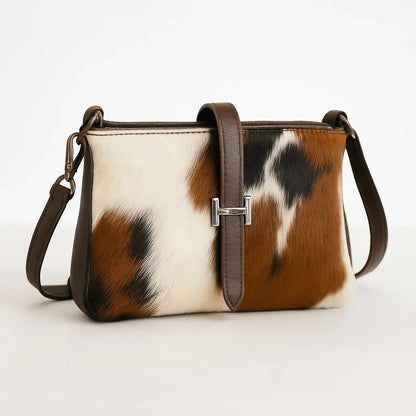 Cowhide Hair-On Crossbody Bag | Brown Leather Trim & Gold Buckle Closure – 9 x 6 x 1 Inches