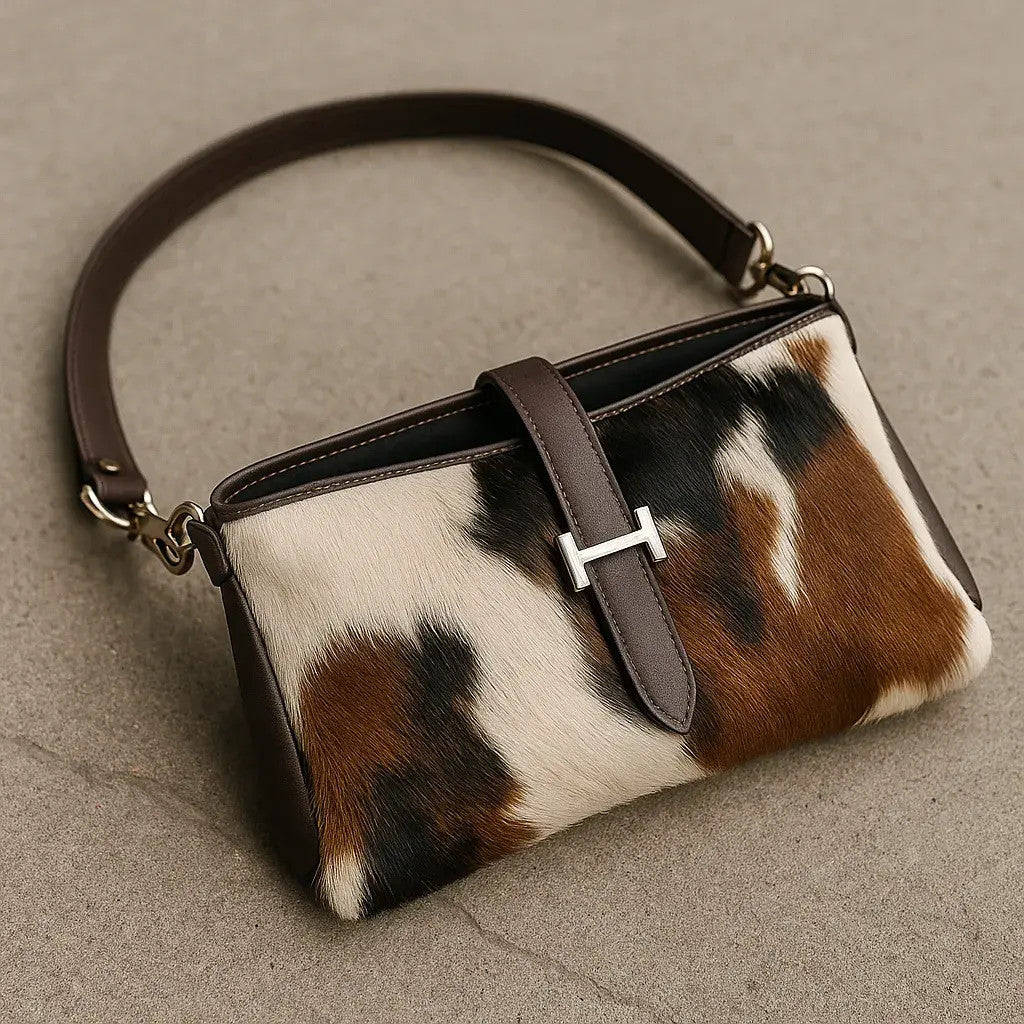Cowhide Hair-On Crossbody Bag | Brown Leather Trim & Gold Buckle Closure – 9 x 6 x 1 Inches