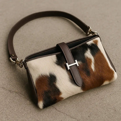 Cowhide Hair-On Crossbody Bag | Brown Leather Trim & Gold Buckle Closure – 9 x 6 x 1 Inches