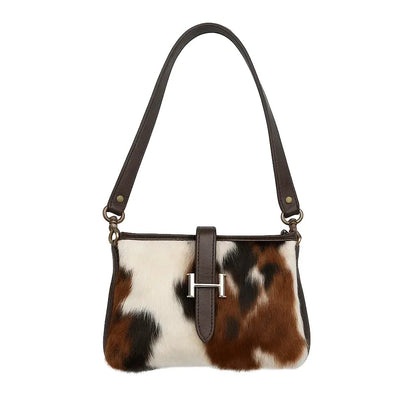 Cowhide Hair-On Crossbody Bag | Brown Leather Trim & Gold Buckle Closure – 9 x 6 x 1 Inches