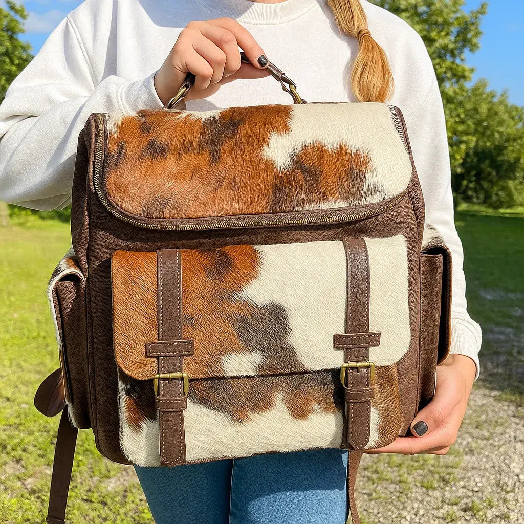 Leather Backpack Cowhide Panels - Dual Side Pockets First Grade