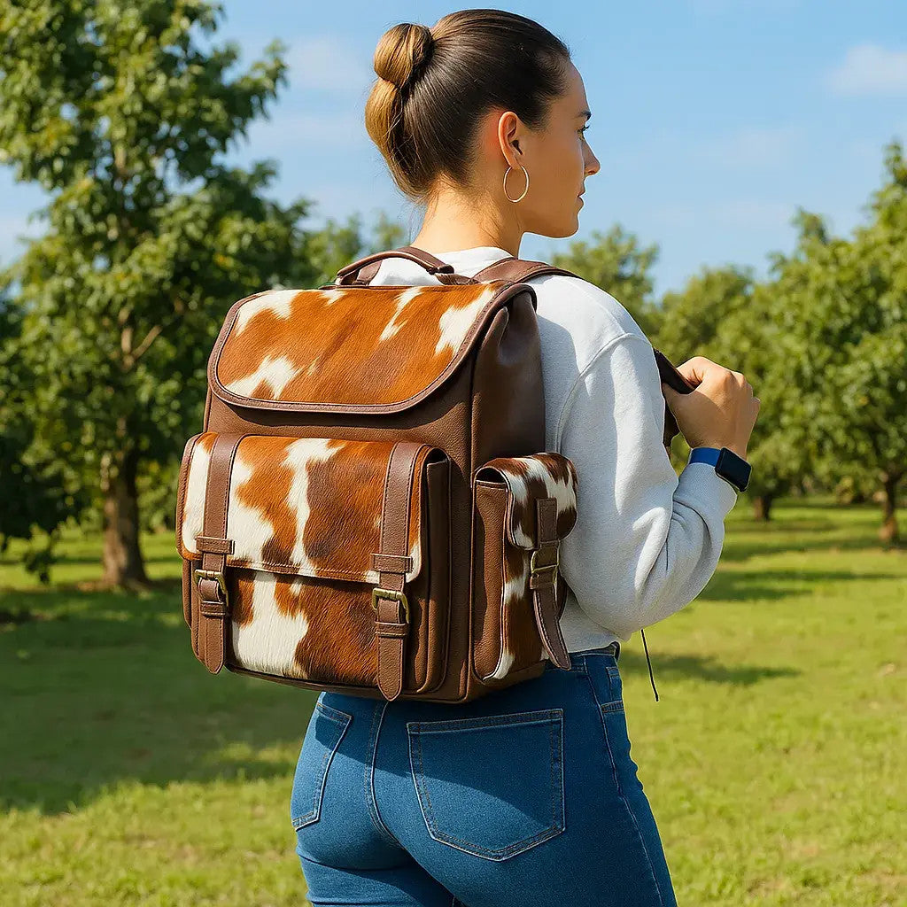 Leather Backpack Cowhide Panels - Dual Side Pockets First Grade