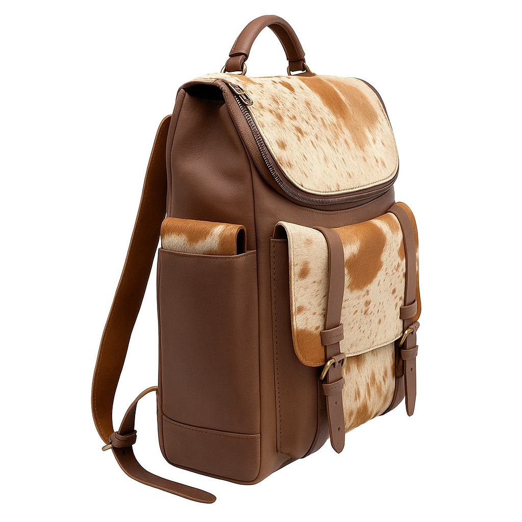 Cowhide Leather Backpack | Brown Hair-On Panels – Dual Pockets