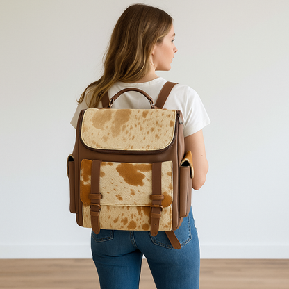 Cowhide Leather Backpack | Brown Hair-On Panels – Dual Pockets