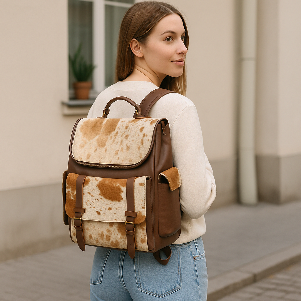 Cowhide Leather Backpack | Brown Hair-On Panels – Dual Pockets