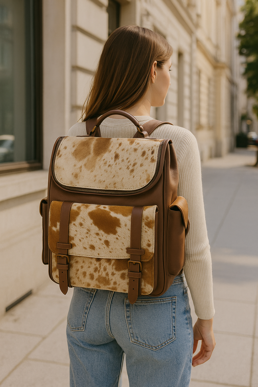 Cowhide Leather Backpack | Brown Hair-On Panels – Dual Pockets