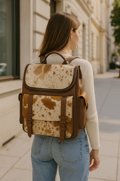 Cowhide Leather Backpack | Brown Hair-On Panels – Dual Pockets