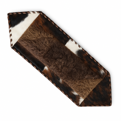 Cowhide & Bison Hair Table Runner | Patchwork Laced – Brown Speckle | 1' x 3'