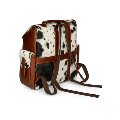 Cowhide Leather Backpack | Black & White Hair-On Panels – Dual Pockets