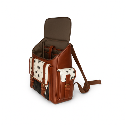 Cowhide Leather Backpack | Black & White Hair-On Panels – Dual Pockets