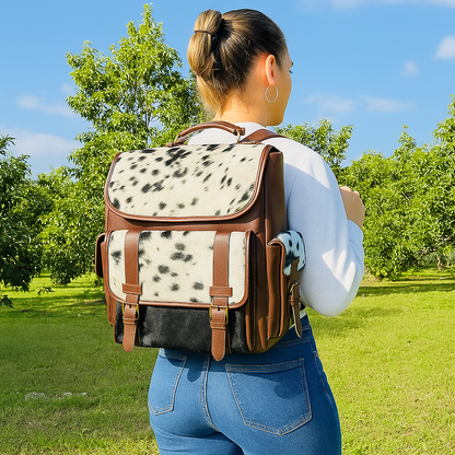Cowhide Leather Backpack | Black & White Hair-On Panels – Dual Pockets