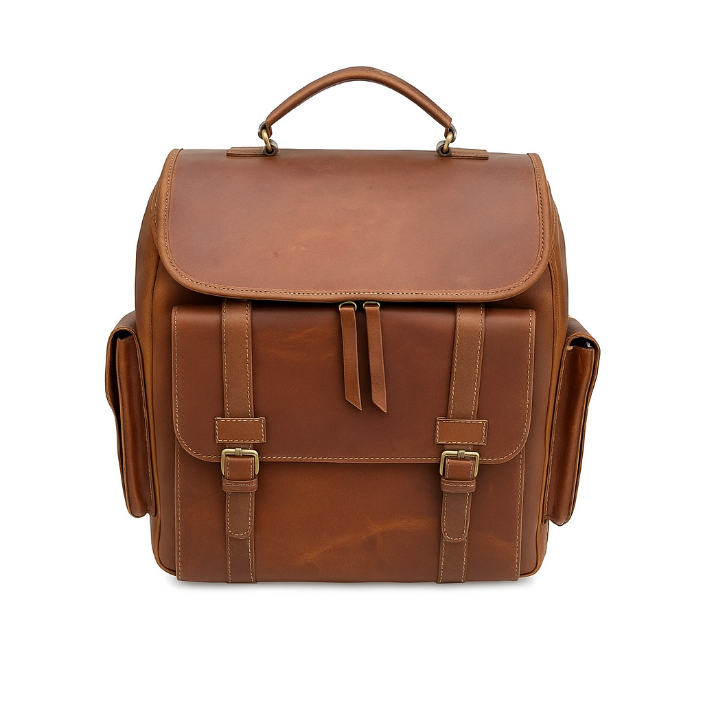 Leather Backpack | Cowhide Panels – Natural Brown | Dual Pockets