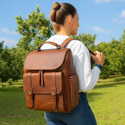 Leather Backpack | Cowhide Panels – Natural Brown | Dual Pockets