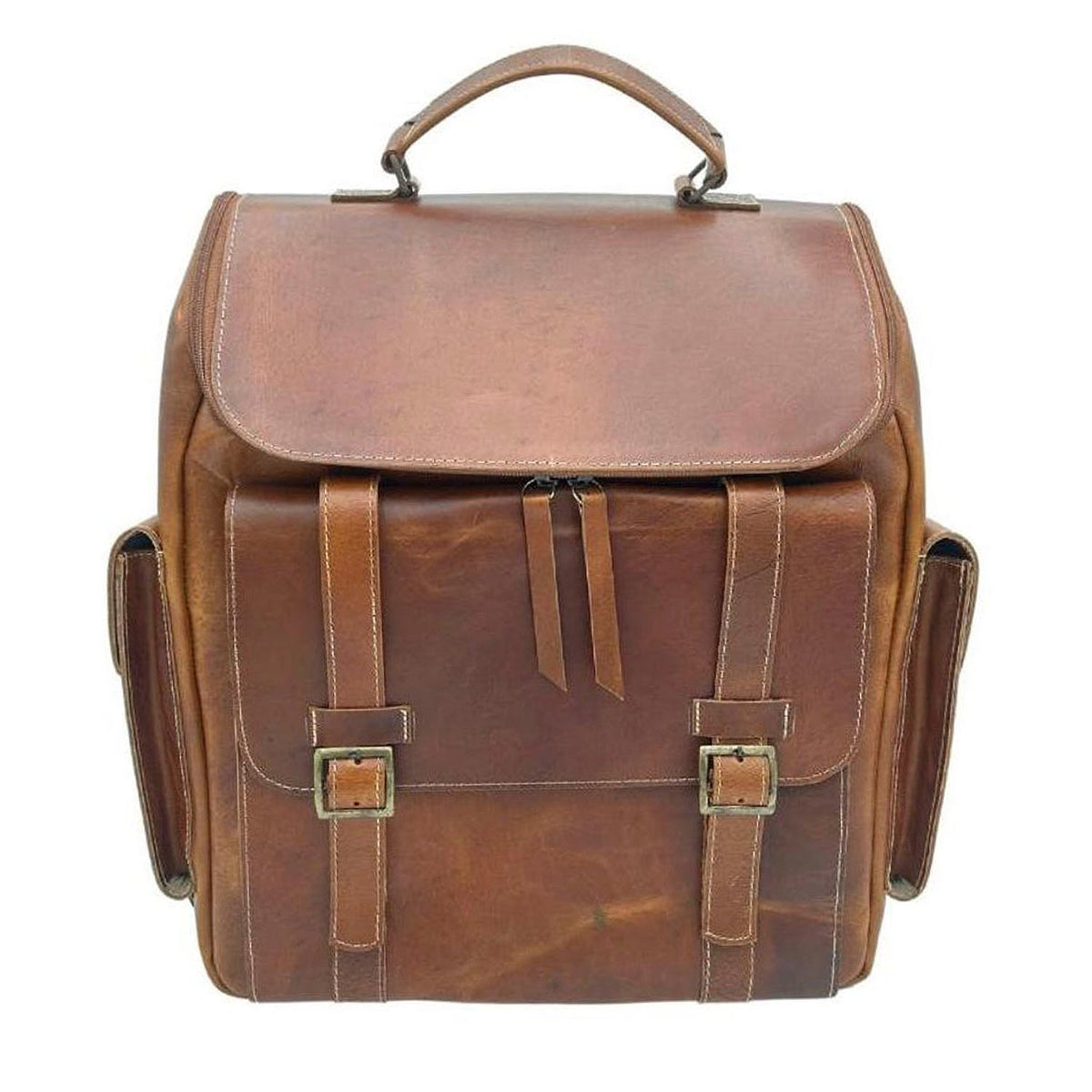Leather Backpack | Cowhide Panels – Natural Brown | Dual Pockets