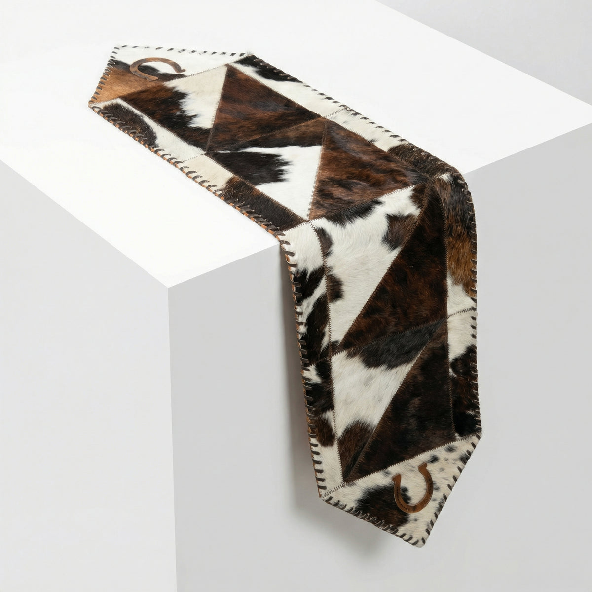 Cowhide Table Runner | Horseshoe Patchwork – Fringes & Laced Edges | Multi-Sizes