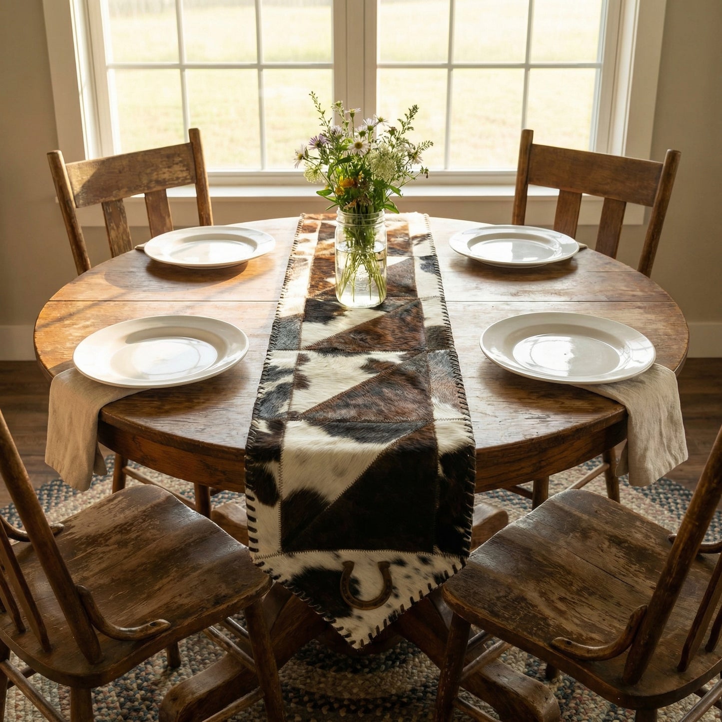 Cowhide Table Runner | Horseshoe Patchwork – Fringes & Laced Edges | Multi-Sizes
