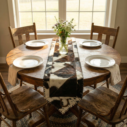 Cowhide Table Runner | Horseshoe Patchwork – Fringes & Laced Edges | Multi-Sizes