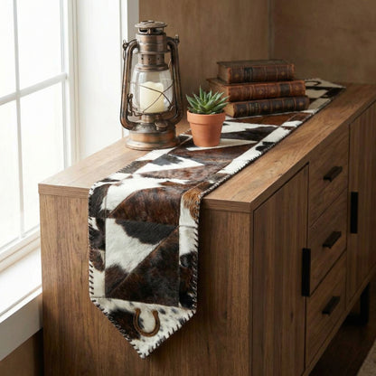 Cowhide Table Runner | Horseshoe Patchwork – Fringes & Laced Edges | Multi-Sizes