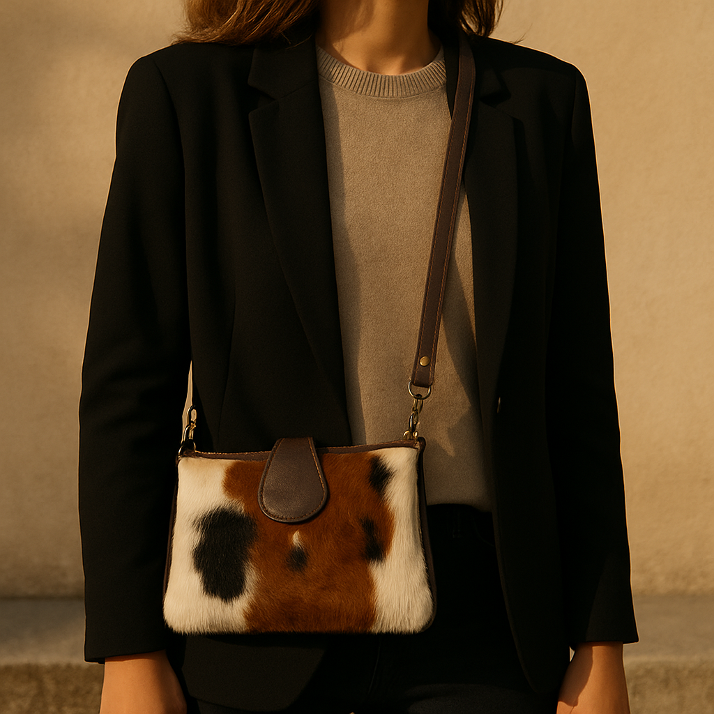 Cowhide Crossbody Bag | Tri-Color Hair-On with Dark Brown Strap - 9 x 6 in