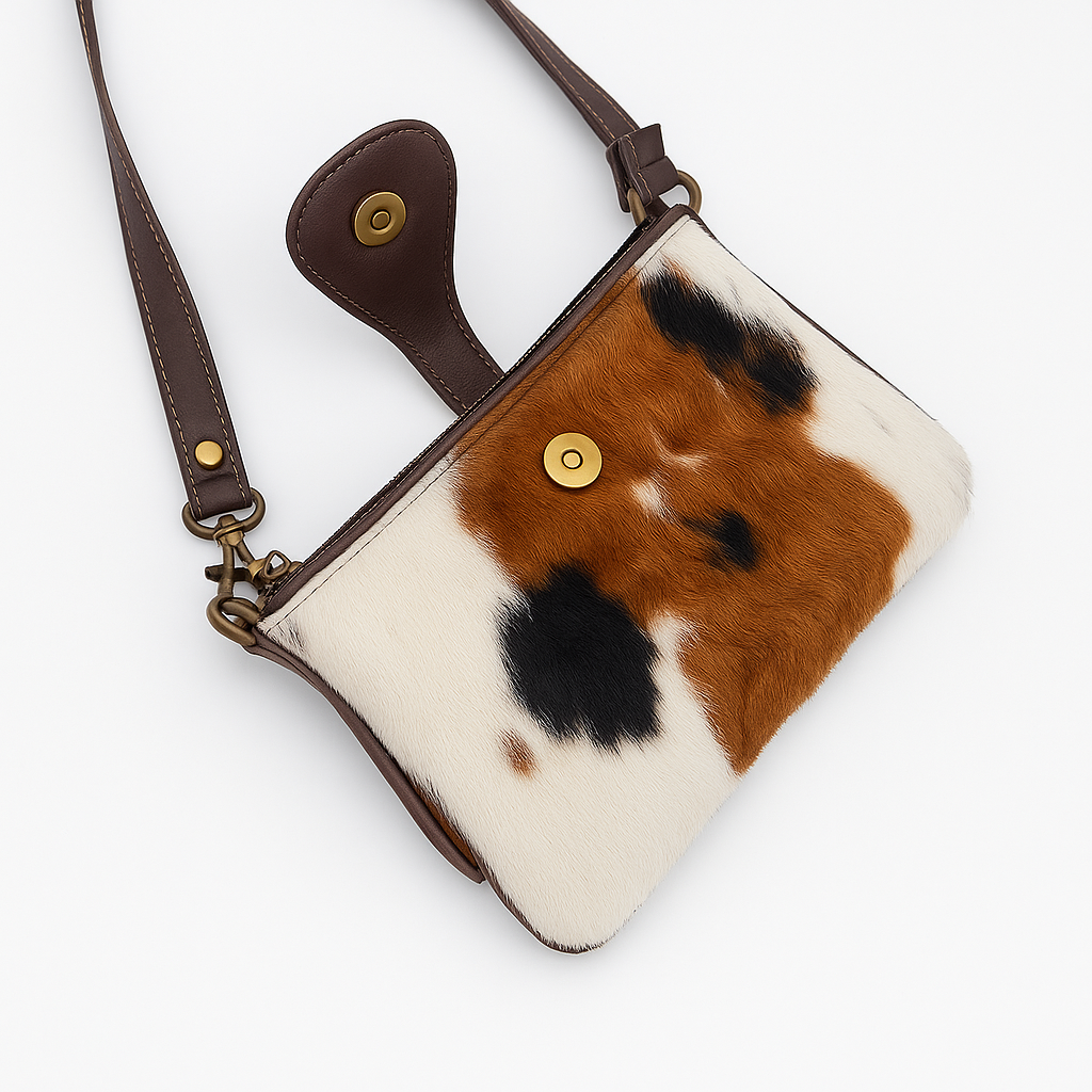 Cowhide Crossbody Bag | Tri-Color Hair-On with Dark Brown Strap - 9 x 6 in