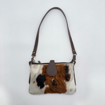 Cowhide Crossbody Bag | Tri-Color Hair-On with Dark Brown Strap - 9 x 6 in