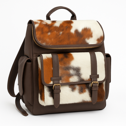 Cowhide Leather Backpack | Brown & White Hair-On Panels – Dual Pockets