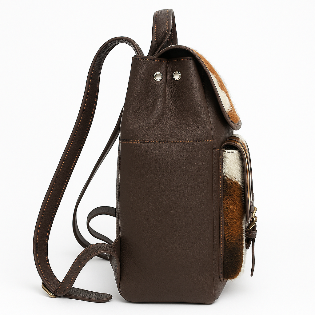 Cowhide Leather Backpack | Brown & White Hair-On Panels – Dual Pockets
