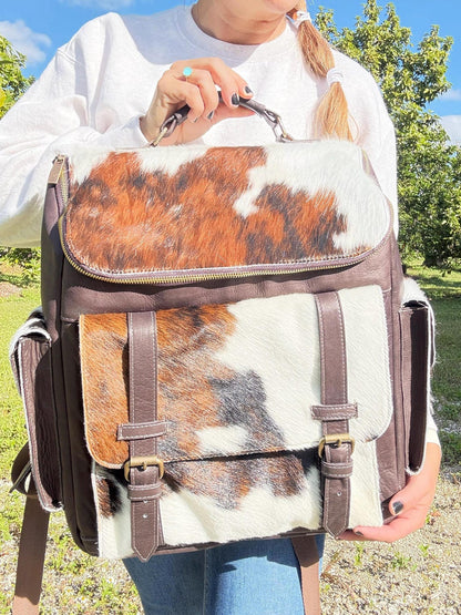 Cowhide Leather Backpack | Brown & White Hair-On Panels – Dual Pockets