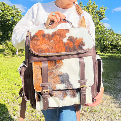 Cowhide Leather Backpack | Brown & White Hair-On Panels – Dual Pockets