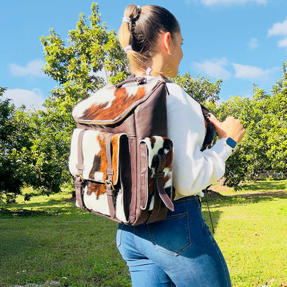 Cowhide Leather Backpack | Brown & White Hair-On Panels – Dual Pockets