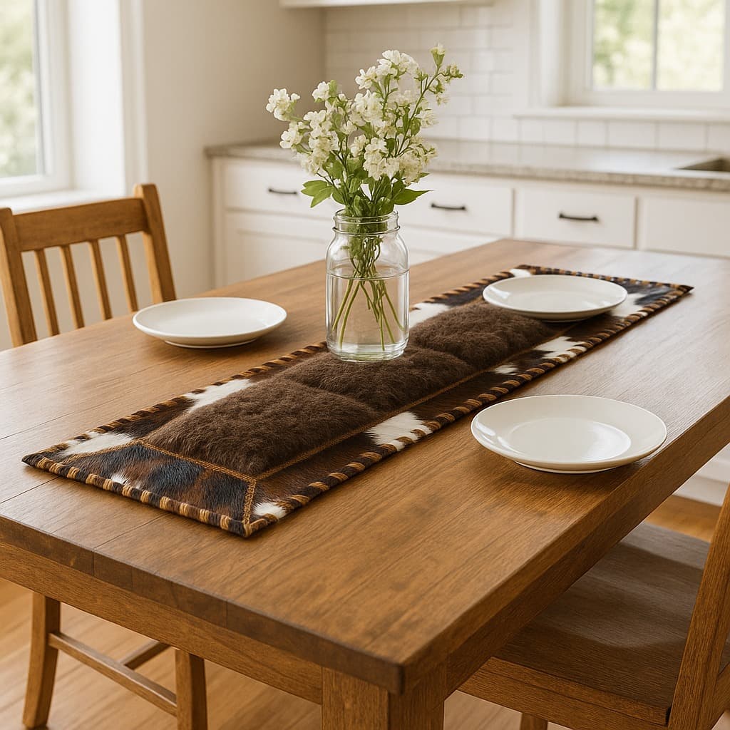 Cowhide & Bison Hair Table Runner | Patchwork Laced – Tricolor | 1' x 3'