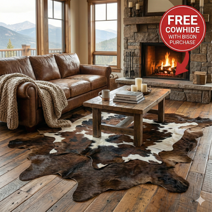 Buffalo/Bison Hair-On Hide Rug Large | Signature First-Grade with Bonus Tricolor Cowhide Rug Medium