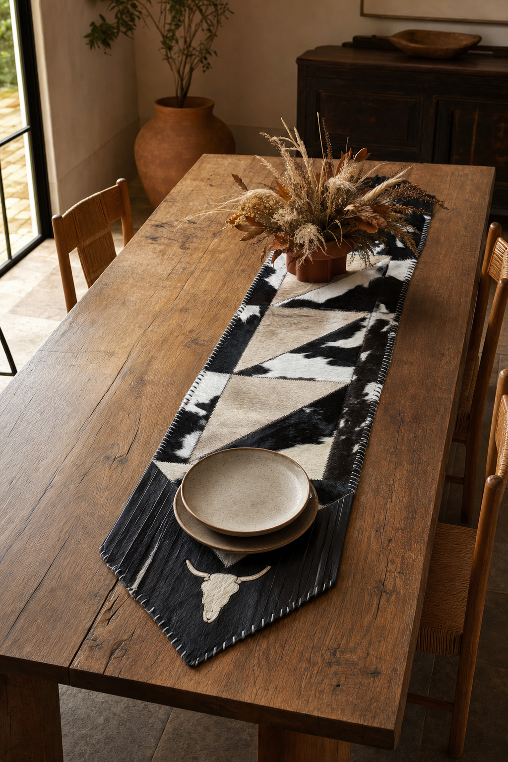 Cowhide Table Runner | Longhorn Patchwork – Fringes & Laced Edges | Multi-Sizes