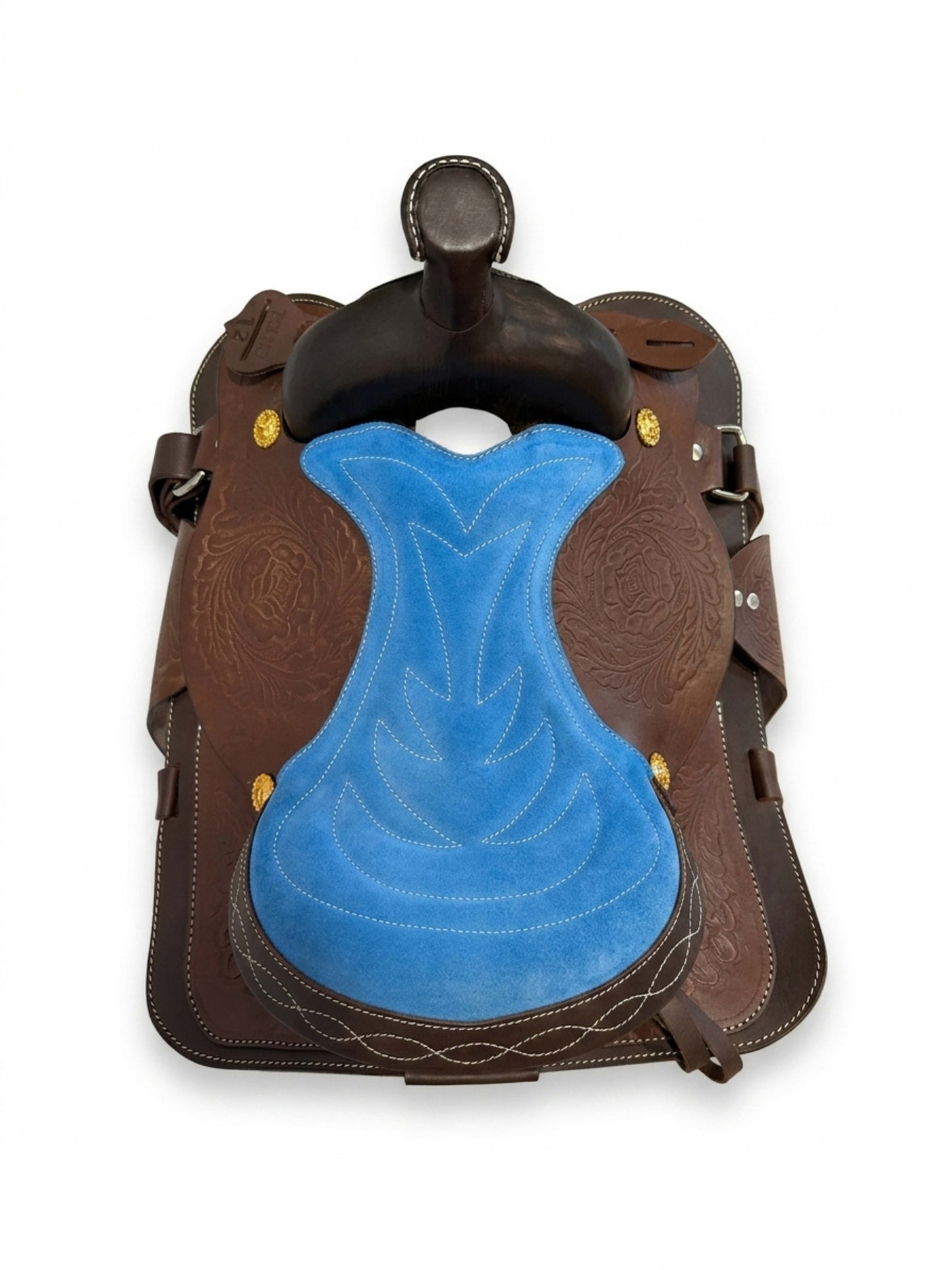 Leather Youth Western Saddle | 12" Blue Seat – Tooled with Gold Conchos — additional view