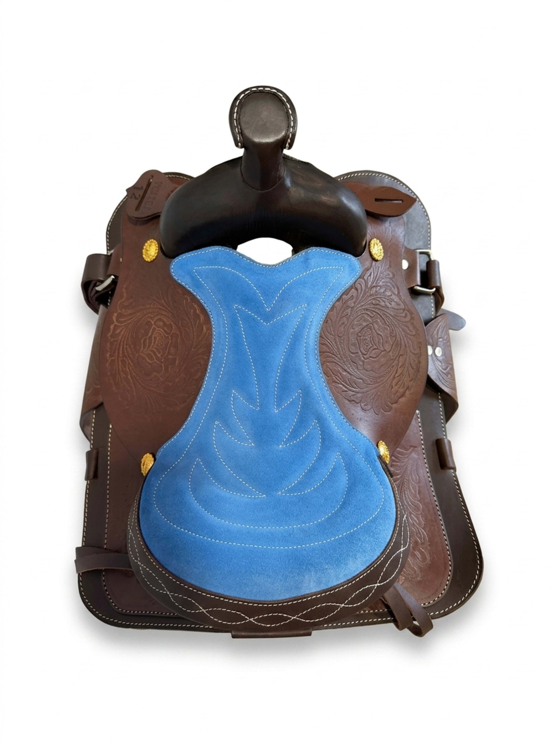 Leather Youth Western Saddle | 12" Blue Seat – Tooled with Gold Conchos — additional view