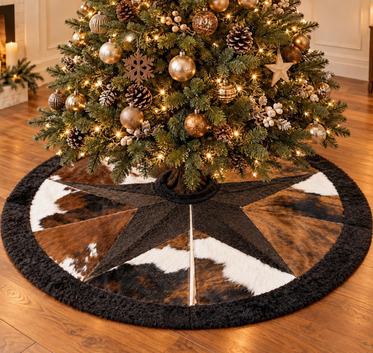 Cowhide Christmas Tree Skirt | Tricolor – 3.5 & 5 Ft — additional product photo