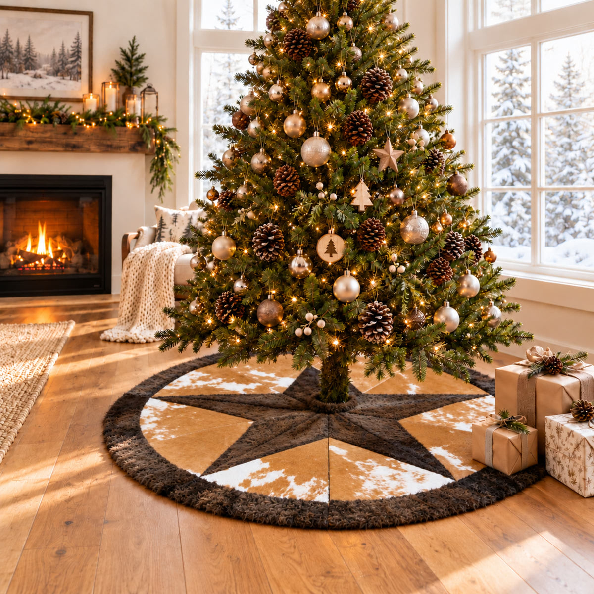 Leather Christmas Tree Skirt | Brown & White – Bison & Cowhide, 3.5 Ft — additional product photo