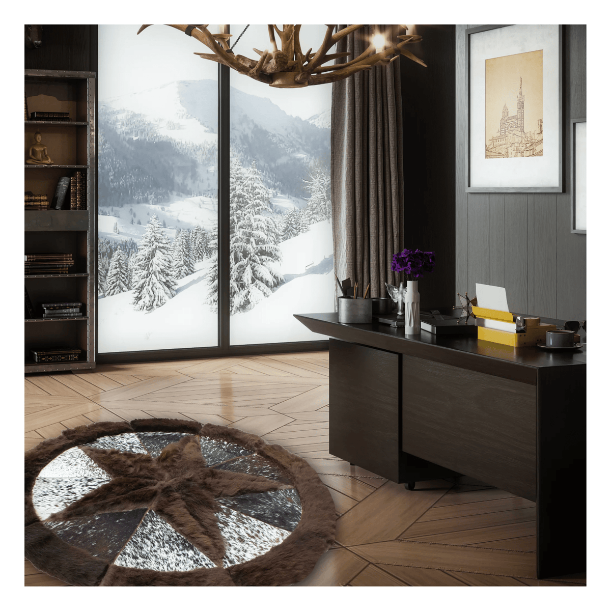 Bison Round Rug | Hair-On with Cowhide Border – Brown Speckled