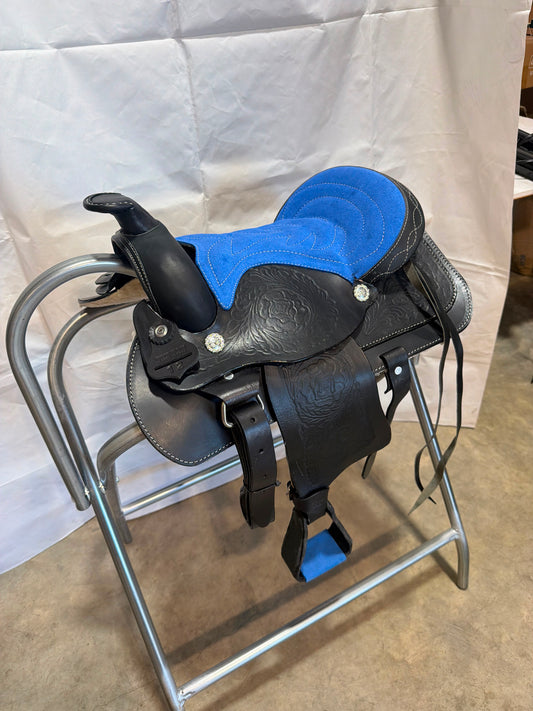 Leather Youth Western Saddle | 12" Black & Blue Seat – Tooled with Gold Conchos