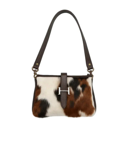 Cowhide Crossbody Bag | Hair-On with Brown Leather and Gold Buckle - 9 x 6 in
